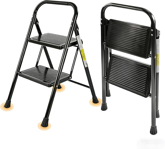 Valeo 2 Step Ladder, Step Stool with Wide Anti-Slip Pedal, 330 lbs Capacity,Step Ladder Folding Step Stool for Adults, Lightweight Steel Portable ladders for Home Kitchen & Office,Black