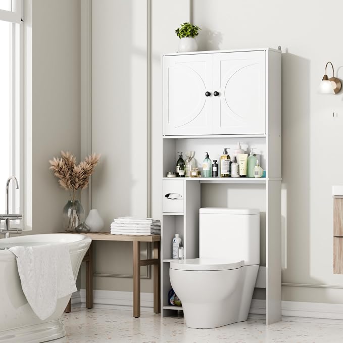 Over The Toilet Storage Cabinet with Barn Doors, Freestanding Bathroom Space Saver Organizer Over Toilet with Adjustable Shelves & Toilet Paper Holder, Waterproof Bathroom Cabinet, White