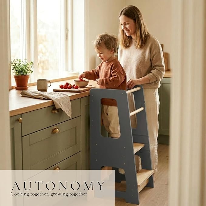Toddler Tower for Kids, Adjustable Wooden Standing Tower & Kitchen Step Stool, Anti-Tip Montessori Tower with Removable Safety Rails & Non-Slip Steps - Sustainable Reclaimed Wood (Gray)