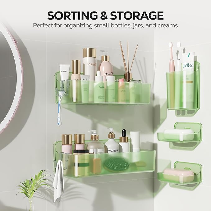Nieifi Adhesive Wall Shelf, Shower Shelves, Shower Organizer for Bathroom Organization (Green-Clear, 5 pieces)