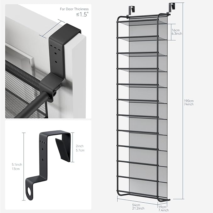 Whitmor 36 Pair Over The Door Shoe Organizer, 12 Tier Hanging Shoe Organizer, Heavy Duty Metal & Mesh Shoe Holder, Hanging Shoe Rack for Closet Organizer, 74" L x 21.7" W x 7.5" H, Matt Gunmetal