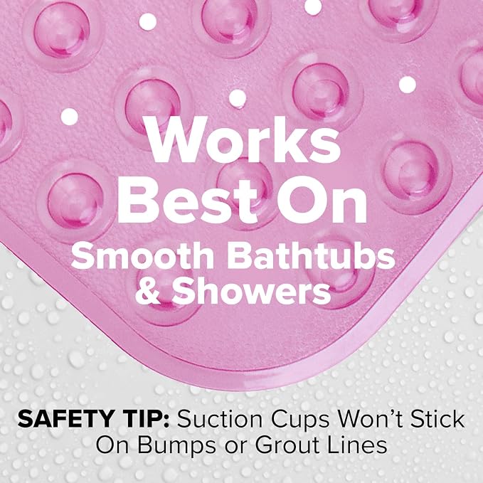 SlipX Solutions Power Grip Extra Long Bath Tub & Shower Mat 39x16, Wet Floor Non-Slip for Elderly & Kids Bathroom, 30% Longer Bathtub Mats, 200 Suction Cups, Drain Holes (1, Translucent Pink)