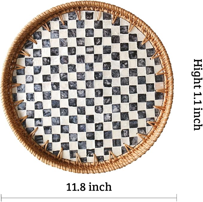 Round Rattan Tray with Mother of Pearl Inlay, Decorative Wicker Serving Tray with Wooden Base, Woven Basket Trays for Bread Fruits Coffee, Checkered