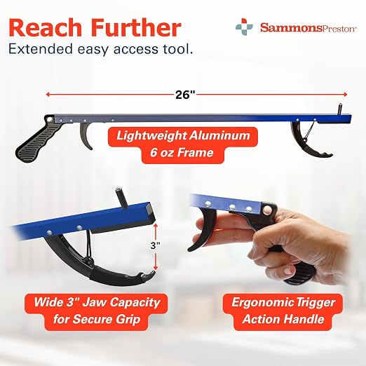 Sammons Preston Reacher, 26" Lightweight Grabber Reacher Tool with Magnetic Tip, Ergonomic Grip & Claw Jaw, Portable Reaching Aid for Seniors, Daily Living & Home Use, Standard Blue