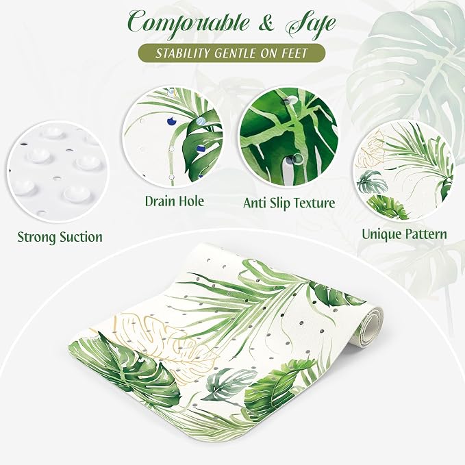 SHUCHING Tropical Green Leaves Bath Mat for Tub Non Slip-40 X 16Inch, Bathtub Mat Anti Slip, Extra Long Shower Mat for Bathroom Mold Free, Machine Washable
