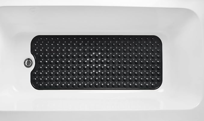Extra-Long Non-Slip Bathtub & Shower Mat 39”x16” (Smooth/Non-Textured Tubs Only) Safe, Clean, Machine-Washable, Superior Grip&Drainage, Vinyl, Opaque Black