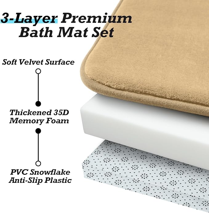 HUXMEYSON Bathroom Rugs Sets 3 Piece, Non-Slip & Quick Dry Bath Mat Set, Ultra Soft Velvet Bath Rugs for Bathroom, Toilet and Shower Floor, Khaki