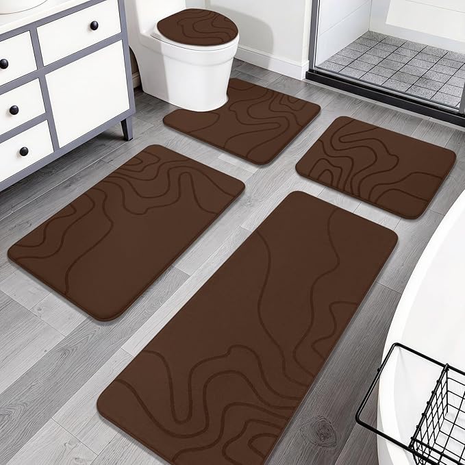 YIHOUSE Memory Foam Bathroom Rugs Sets 5 Piece - Extra Thick Ultra Soft Absorbent Bath Mat Set, Non-Slip Machine Washable Bath Rugs for Bathroom, Tub & Shower, Home Decor Accessories, Coffee