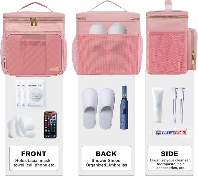 Portable Shower Caddy College Dorm Essentials (Full Size Bottle Compatible), Toiletry Bag for Women Men, Hanging Makeup Bag with Quickly Dry Mesh Base for Travel,Gym & Camping,Pink