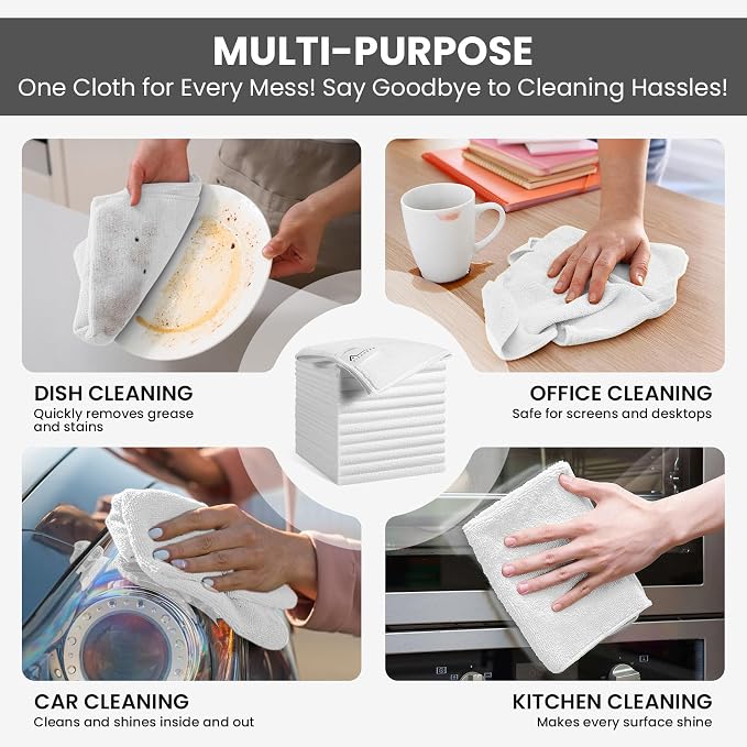 SIFANGKE Microfiber Cleaning Cloth, 12 Pack Lint-Free and Highly Absorbent Rags, White Reusable Microfiber Towels for Car, Kitchen, Bathroom and Household Cleaning Supplies, 11.8"X11.8"