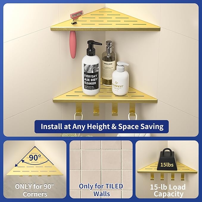 Corner Shower Shelf w/Hooks, Grout in Bathroom Shelves for Tiled Wall, 304 Stainless Steel Recessed Shower Shelf (Gold, 10''-2pcs)