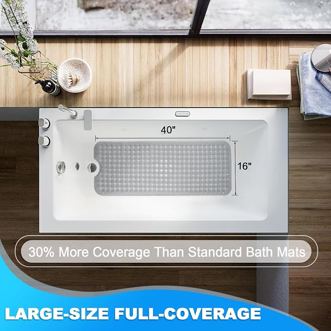 Bathtub and Shower Mats, 40x16 Inch Extra Large Non Slip Soft Bath Tub Mat with Suction Cups and Drain Holes for Bathroom Floor and Keep Tubs Clean, Machine Washable, Clear Gray