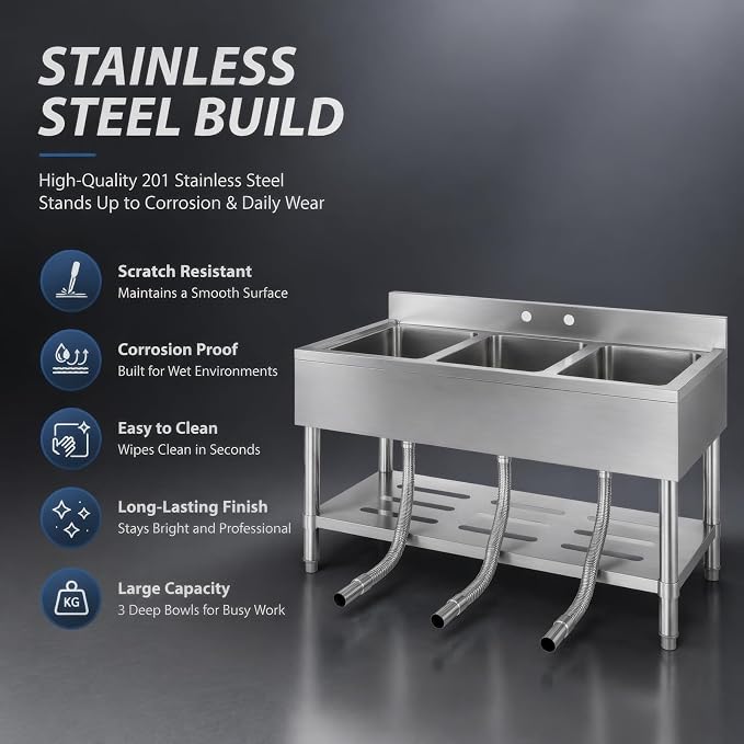 Stainless Steel Utility Sink, 39 x 19 x 33 Inch Freestanding Single Bowl Laundry Sink With Workbench Top, Deep Basin for Garage, Basement, Laundry Room, Faucet-Ready Design