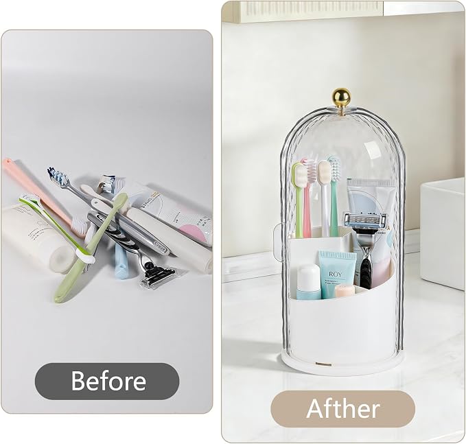 Toothbrush Holder with Cover for Bathroom Countertop, Rotating Organizer for Electric Tooth Brush and Toothpaste, 3-Slot Makeup Brush Storage, Self-Draining Vanity Counter Organizer White