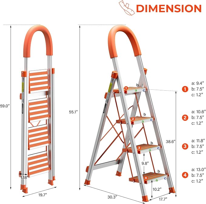 LUISLADDERS Step Ladder 4 Step Lightweight Folding Step Ladder Aluminum Step Stool with Widened Anti-Slip Strip Pedal Convenient Handgrip 350lbs EN131, Multi-use for Household and Office