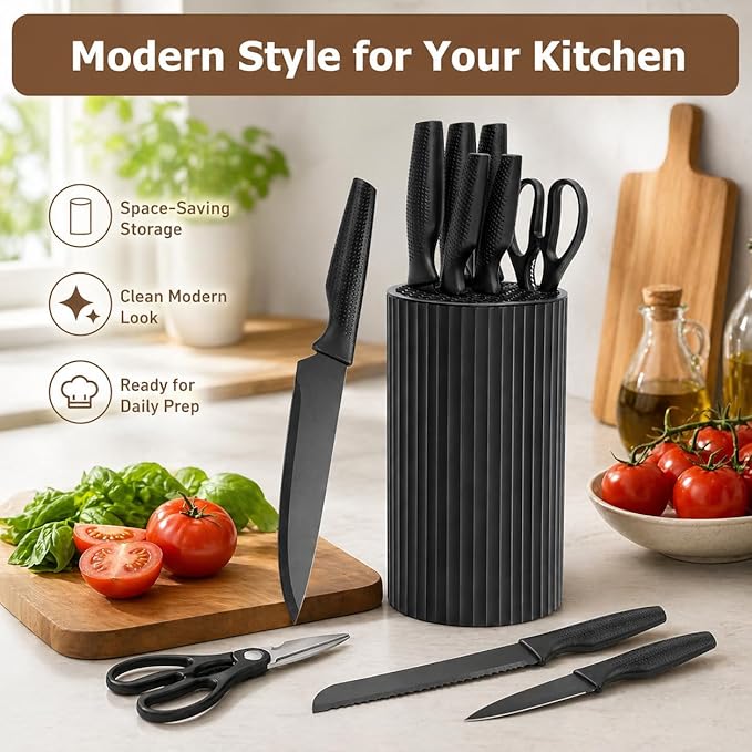 Small Knife Block Set, Modern Kitchen Knife Scissors with Universal Round Holder, Home Apartment New Kitchen Essentials, Space Saving, Dishwasher Safe(Black, 7PCS)