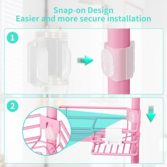 HapiRm Corner Shower Caddy Organizer - Shower Organizer Corner with Soap Holder, Toothbrush Holder and 4 Hooks, Rustproof Bathroom Shelf Tension Pole Available for 27.6 to 108.3 Inch - Pink