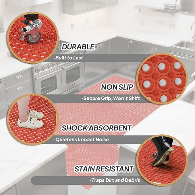 ROVSUN Rubber Floor Mat with Holes, Anti-Fatigue/Non-Slip Drainage Mat, for Industrial Kitchen Restaurant Bar Bathroom Utility Garage Pool Entry Door Mat, Indoor (36''x 36'' Red 1Pcs)