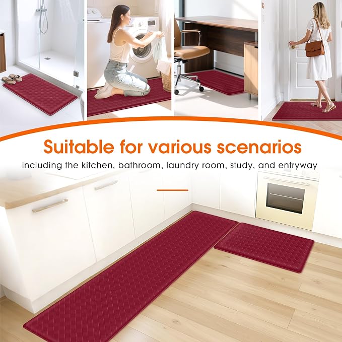 TranquilRelax 2-Piece Anti-Fatigue Kitchen Mats, Cushioned Non-Slip Waterproof Sink & Stove Floor Mats, Comfortable Standing Rug Set for Kitchen, Laundry & Entryway, Red