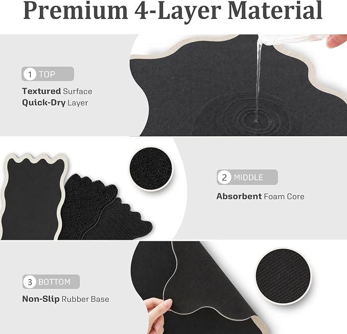 Scalloped Dish Drying Mat for Kitchen Counter, Absorbent Easy Clean Non-slip Coffee Bar Station Accessories, Trendy Cute Aesthetic Modern Drainer Kitchen Drying Mat, Black 12" x 19"