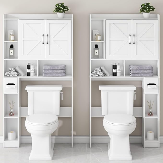 Vabches Over The Toilet Storage Cabinet, Farmhouse Storage Cabinet Over Toilet with 2 Barn Door & Toilet Paper Holder Stand, Home Space-Saving Rack, for Bathroom, Restroom (White).