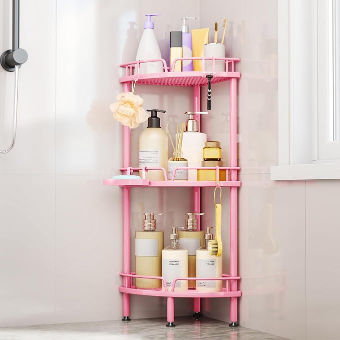 Consumest Corner Shower Caddy Stand - 3 Tier Shower Organizer with Soap Holder, Tall Floor Corner Shelf Standing with Adjustable Feet & 4 Hooks, Storage Rack for Bathroom Pink