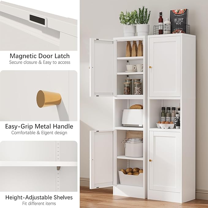 Bevivog Slim Kitchen Pantry Cabinet for Small Space, 67" Tall Narrow Storage Cabinets with Hutch and 3 Adjustable Shelves, Freestanding Tall Slim Bathroom Storage Cabinet