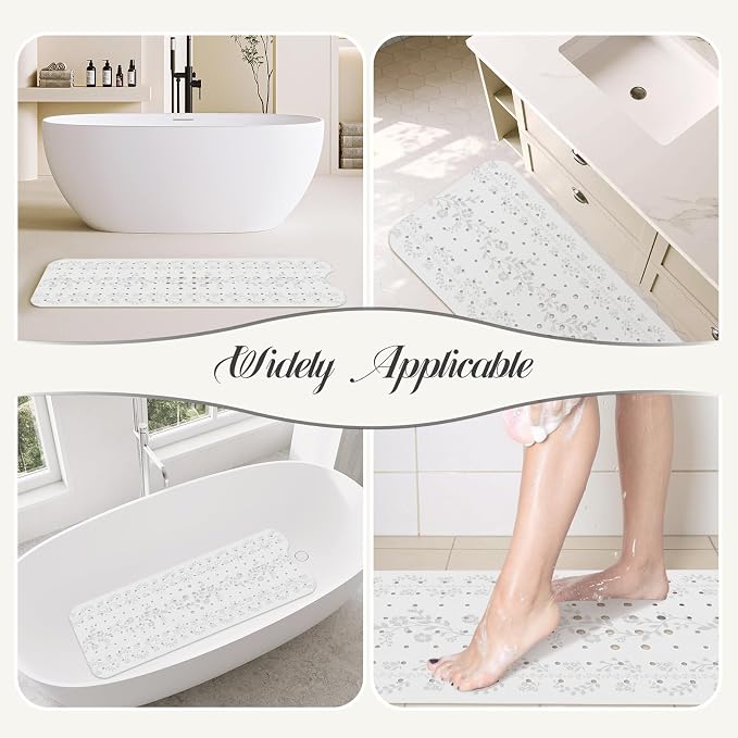 SHUCHING White Bath Mat for Tub Non Slip for Women-40 X 16 Inch, Flower Non Slip Bathtub Mat for Adults & Elderly Mold Free, Long Shower Mat for Inside Shower with Suction Cup, Machine Washable