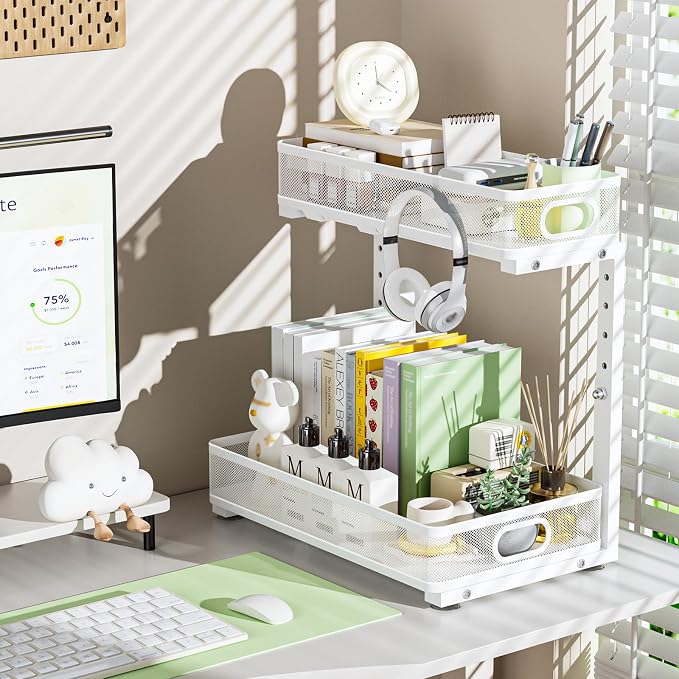 Under Sink Organizer, High Adjustable 2 Tier Under Sink Organizers and Storage, Slide out Metal Cabinet Organizers, Pull out Storage Drawer Shelf for Kitchen Bathroom Cabinet (1, White)