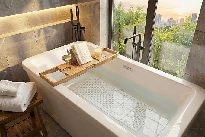Nonslip Bath Tub Shower Mat with Suction Cups, Extra Soft TPE Bath Mat for Kids, Bathtub Bathroom Mats, Machine Washable, Smooth/Non-Textured Tubs Only, 30L x 17W Inch(White)