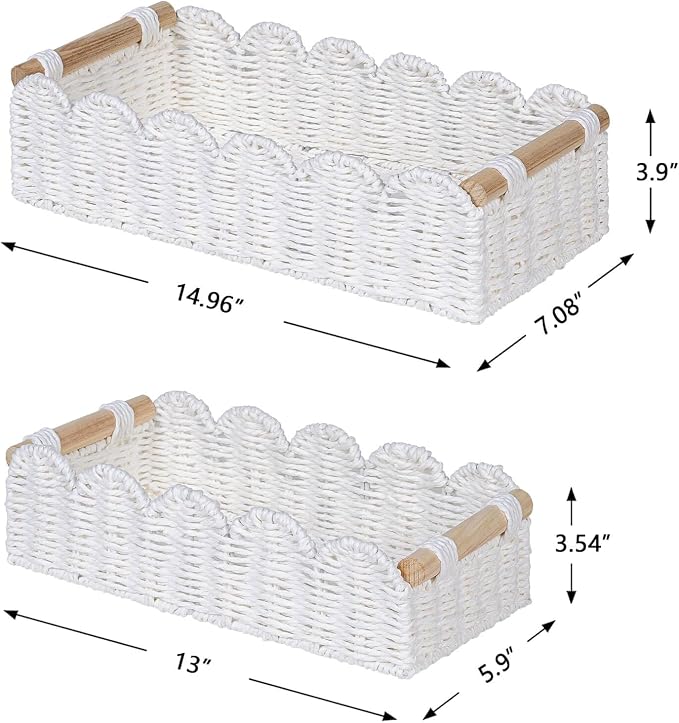 CubesLand Toilet Paper Storage Basket, Scalloped Edge Shelves Basket for Organizing for Over Toilet Tank Storage, Home Decor Baskets for Shelf, Countertop, Living Room, Bedroom, Handwoven, White
