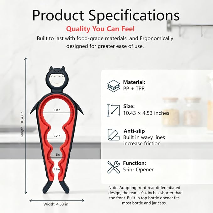 Jar Opener Bottle Opener for Arthritis, 5-in-1 Multifunctional Jar Opener, Easy Grip for Seniors and Weak Hands, Devil Shape Kitchen Gadget for Jar, Beer and Bottle (Black and Red)