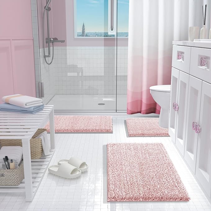 Yimobra Bath Rugs For Bathroom 32X20, Ultra Soft and Water Absorbent Bath Mats, Non Slip Plush Shower Mat Outside, Microfiber Thick Matts for Bathroom Floor/Tub, Machine Washable, Light Pink and White