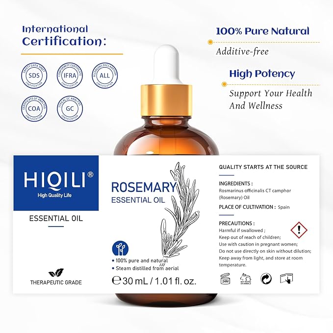 HIQILI Rosemary Essential Oil, Add to Shampoo & Conditioner, 100% Pure & Natural - 1 FI Oz