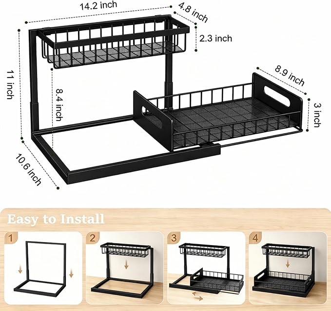 2 Pack Upgraded Under Sink Organizer, 2 Tier Pull out Kitchen Cabinet Organizer Metal Slide out Bathroom Organizers and Storage Makeup Drawer Organizer for Office Bedroom Restroom Living Room, L-Black