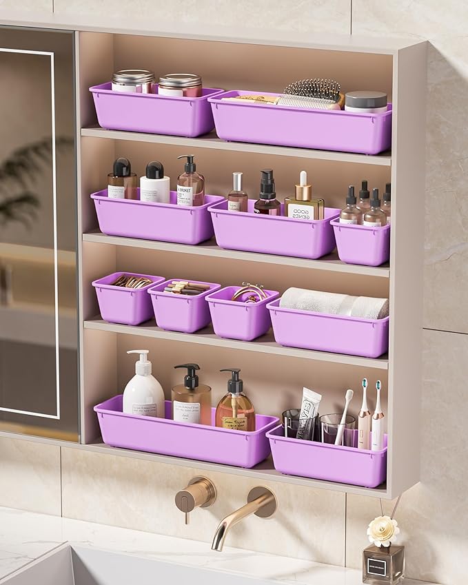 KEMETHY 25 PCS Plastic Drawer Organizers Set, 4 Sizes Vanity Organizer, Makeup and Desk Drawer Organizer Trays, Organization and Storage for Makeup, Bathroom, Kitchen Utensils and Office (Purple)