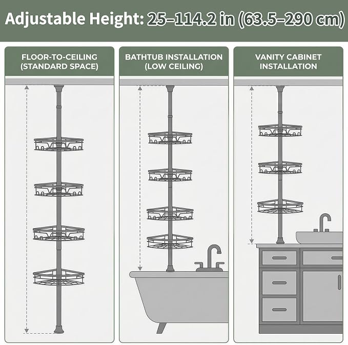 KEGII Corner Shower Caddy Tension Pole, 4-Tier Large Capacity Shower Shelves, Adjustable 52-114.2 Inch No-Drill Rustproof Corner Bathroom Organizer with Towel Bar, Hooks & Razor Holder, Black