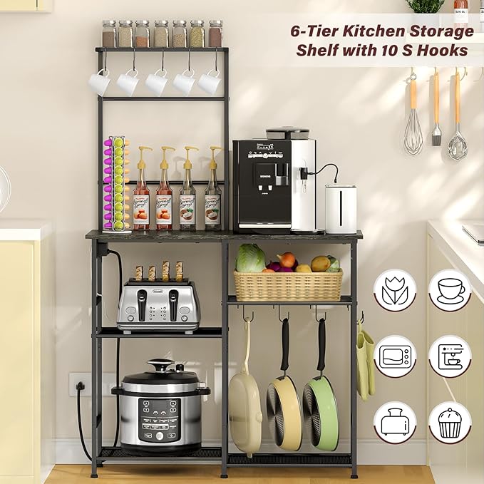 3IngSeagulls Bakers Rack with Power Outlet, Kitchen Microwave Stand with 10 S-shaped Hooks, 6-Tier Coffee Bar Station, Kitchen Storage Shelf Rack for Spices, Pots, Gray