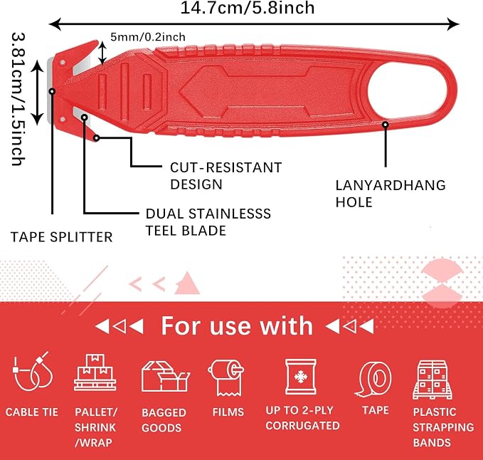 Therwen Safety Box Cutter Knife of Stainless Steel Concealed Blade Package Opener with Tape Splitter for Carton Cardboard Wrap Letter Work Bag Straps Film Utility Tool(Red,30 Pcs)