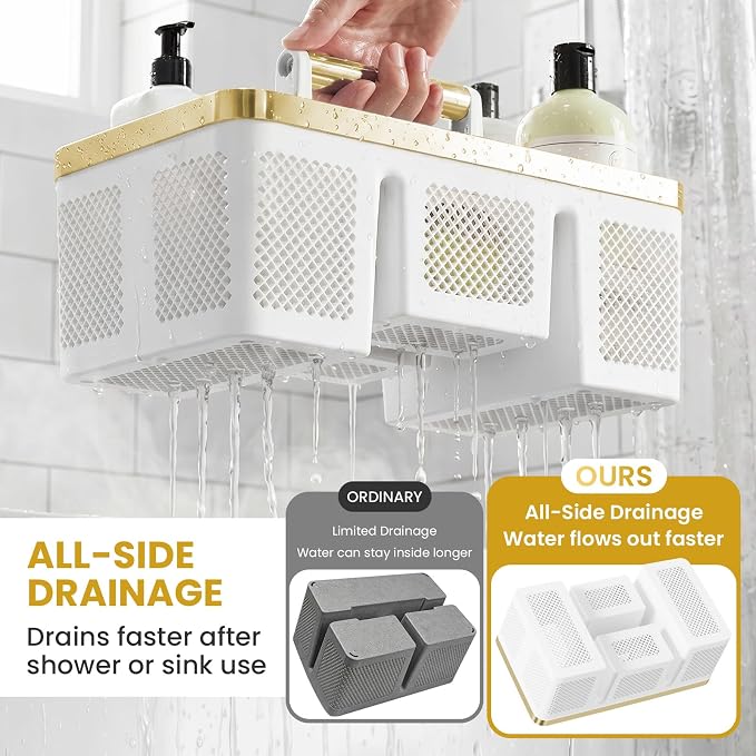 BYUNER Portable Cleaning Caddy & Shower Basket: Hard Plastic Caddy Organizer with Handle, 4 Divided Compartments, All-Side Drainage for Bathroom, Dorm & Utility, College Dorm Room Essentials