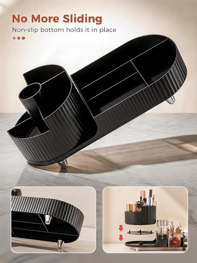 Booklov Rotating Makeup Caddy Organizer for Vanity, Large Capacity Cosmetic Display Case, Countertop Beauty Storage Holder for Skincare, Brush Eyeshadow Lipstick, Counter Desk Organization, Black