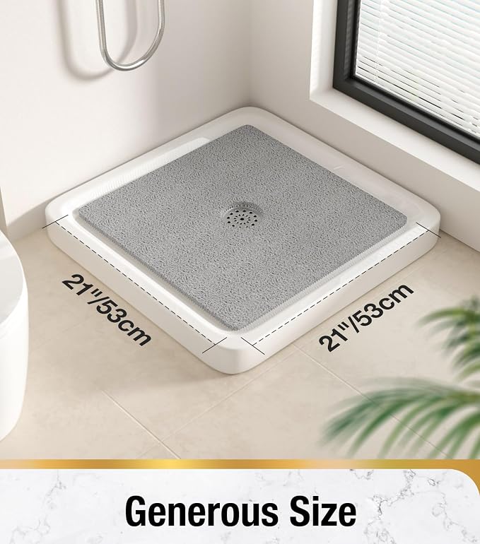 HITSLAM Non Slip Shower Mat for Textured Tub Floor, 21x21 Inch Square Loofah Bath Mat for Inside Shower Stall, Quick Drying, No Suction Cups, Grey