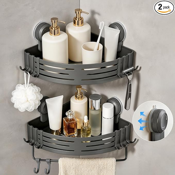 Lekesky Corner Shower Caddy Suction Cups, No Drilling Bathroom Shower Shelf | Aluminum, Rustproof, Suction Cup Can Remove and Reposition, Can hold up to 22 pounds, Also Can hold large shampoo bottles