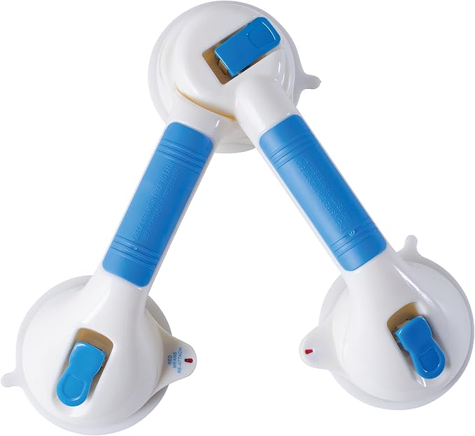 MABIS Shower Grab Bar, Swivel Bathroom Safety Grab Bar, Suction Cup Grab Bar with Safety Indicator, Easy No Tool Assembly, 19.5 Inches, Blue and White