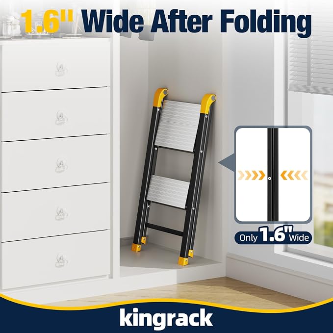 KINGRACK Aluminum Step Ladder, 2 Step Ladder Folding Design, Step Stool Foldable with Safe Grip, Non-Slip Handrails, Safety Lock, Heavy Duty 330LBS for Home, Kitchen, Garage, RV, Black