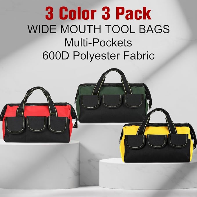 Sanwuta 3 Pack Tool Bag for Men with Waterproof Hard Bottom, Heavy Duty Tool Bag Wide Mouth Tote for Various Instrument, Electrician Carpenter Mechanic(Red, Army Green, Yellow,16 Inch,Classic)