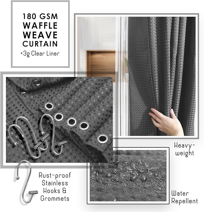 Clara Clark Bathroom Accessories Set - 27PC Bathroom Set with Adhesive Corner Shower Caddy Hanging, Bathroom Sets with Shower Curtain and Rugs, Grey Shower Curtain Set with Bathroom Trash Can