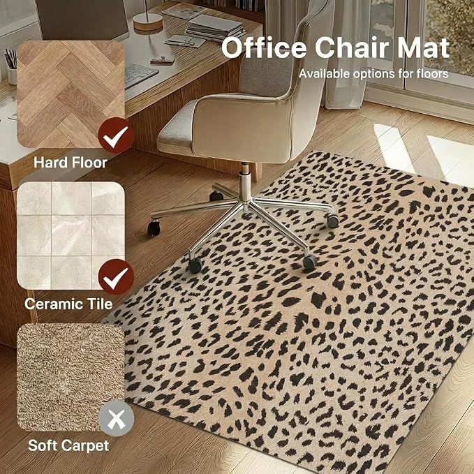 48"x72" Office Chair Mat for Hardwood Tile Floor, Under Desk Carpet Protector for Rolling Computer Chair Mat, Machine Washable Area Rug, Anti-Slip 1/5" Thick Low Pile Thin Vinyl Floor Mat, Leopard