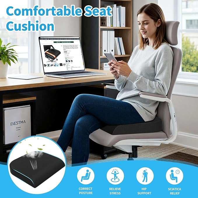 TranquilRelax 2XL Seat Cushion, Memory Foam Cushion for Long Sitting Hours on Office Chair, Car Seat, Non-Slip Chair Pad for Sciatica, Coccyx, Tailbone Pain Relief & Post-Surgery Recovery (Black)