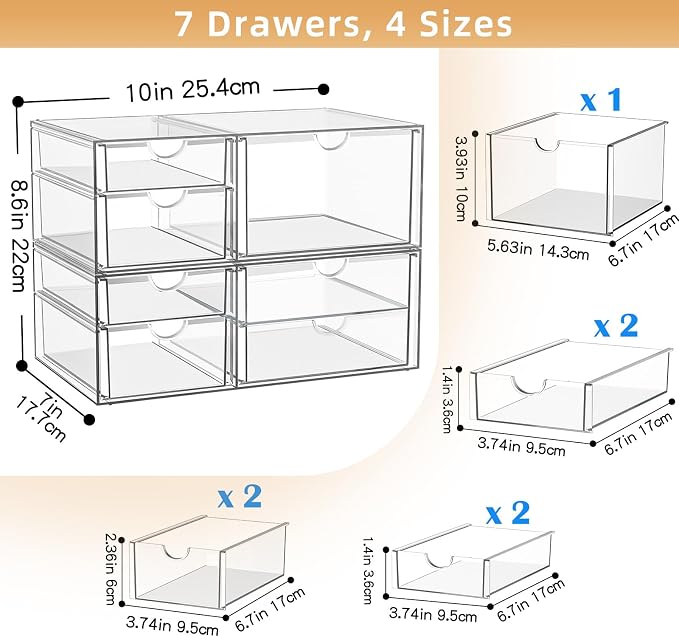 YFXCVSL Clear Stackable Storage Drawers, Acrylic Makeup Organizer with 7 Drawers, Bathroom Organizers and Storage, Plastic Bins for For Vanity, Undersink, Kitchen Cabinets, Pantry